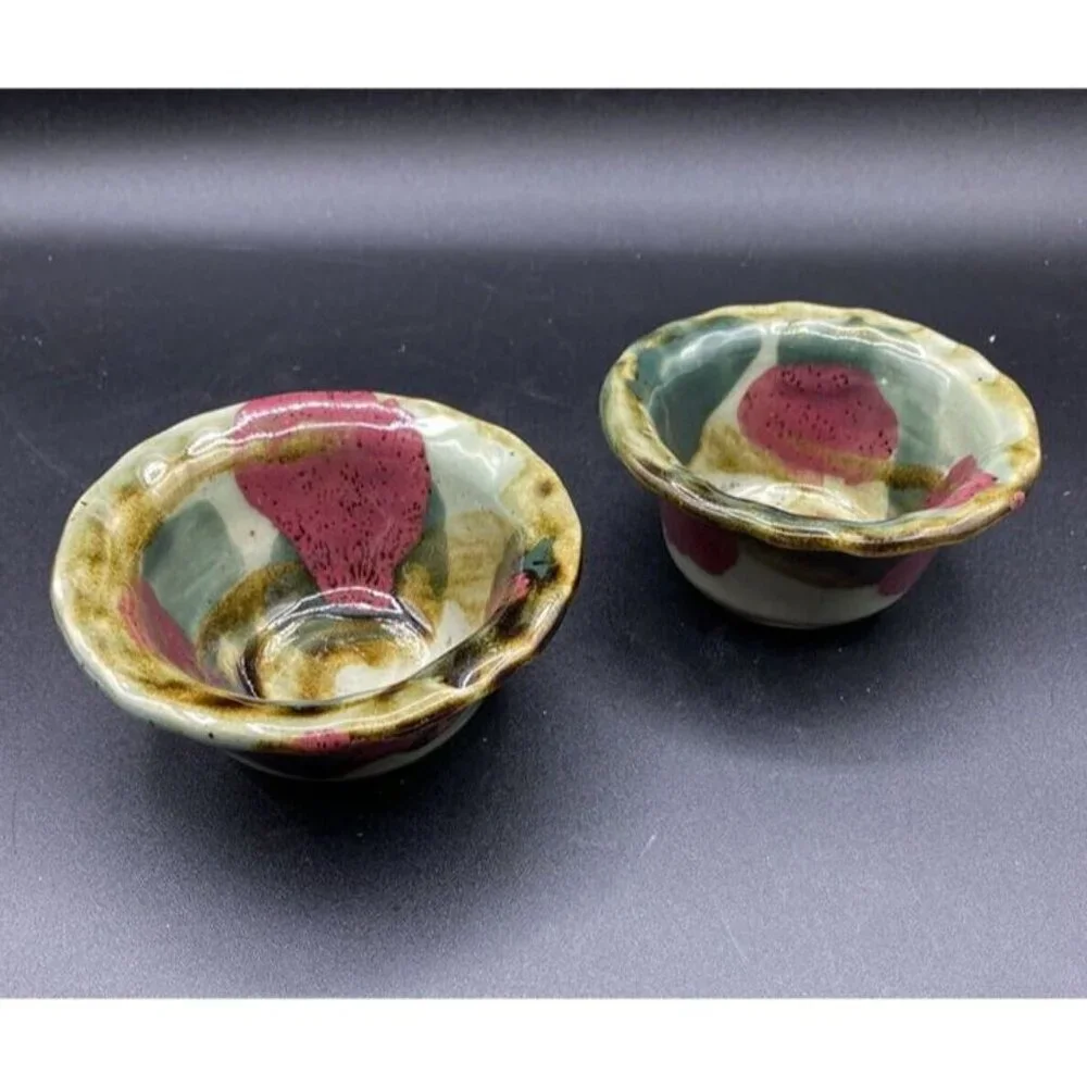 DK Clay 1996 Trinket Dish Salsa Dipping Sauce Bowl Pottery Drip Glaze Lot 2 A